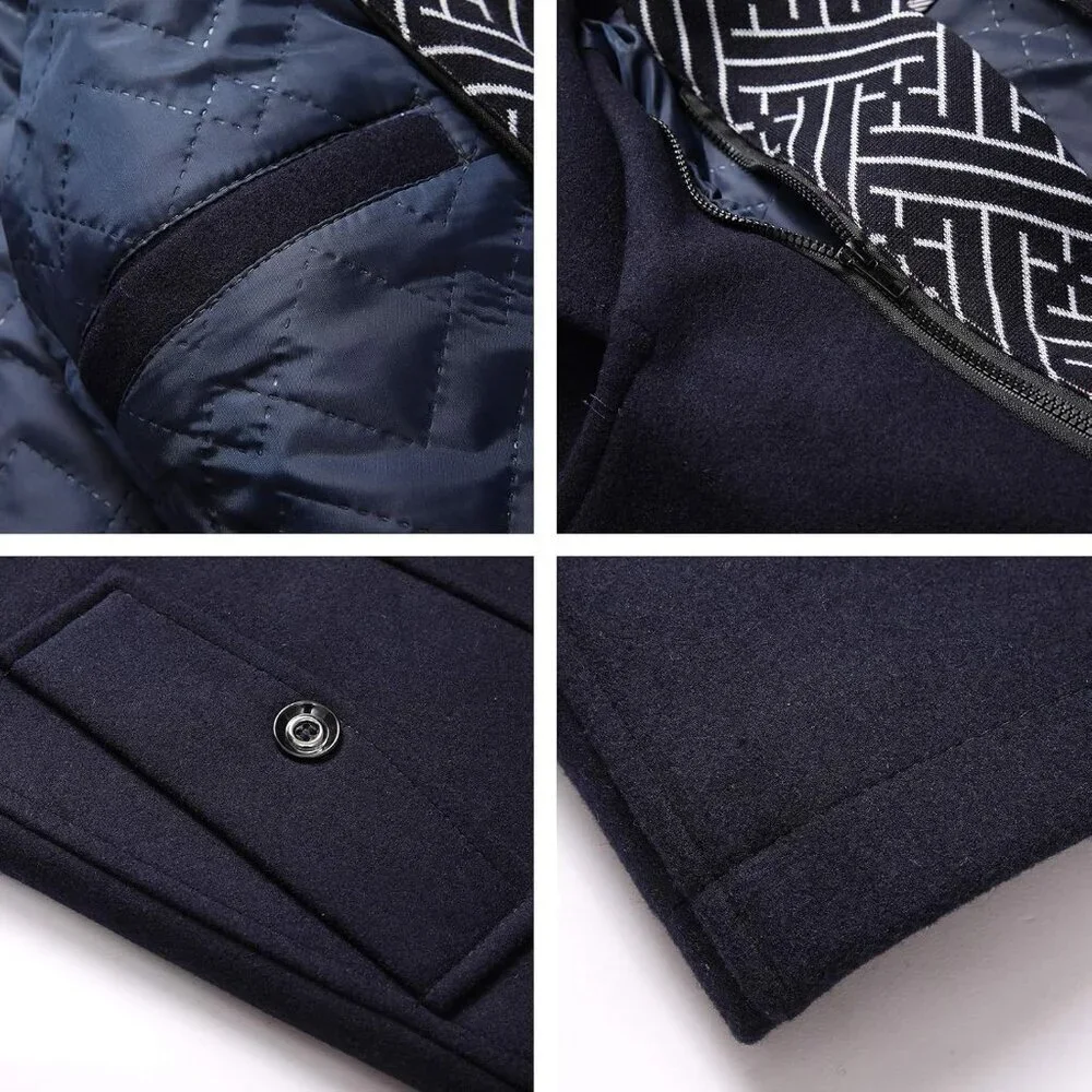 Men's Navy Wool Blend Coat Warm Winter Trench Coat With Detachable Soft Scarf